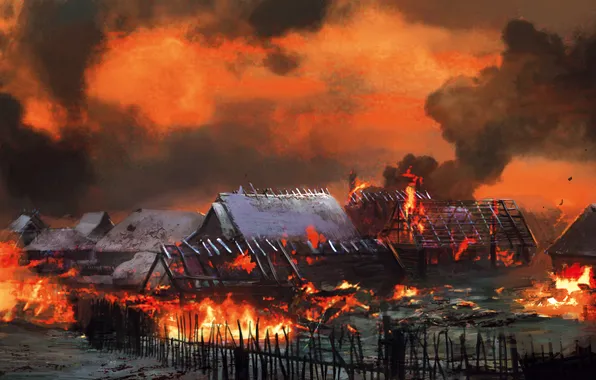 Картинка пожар, деревня, Ведьмак, The Witcher 3: Wild Hunt