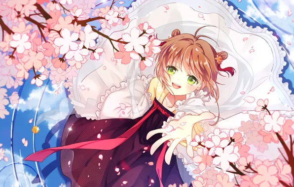 Цветы, крылья, ангел, весна, девочка, Card Captor Sakura, Сакура - собирательница карт