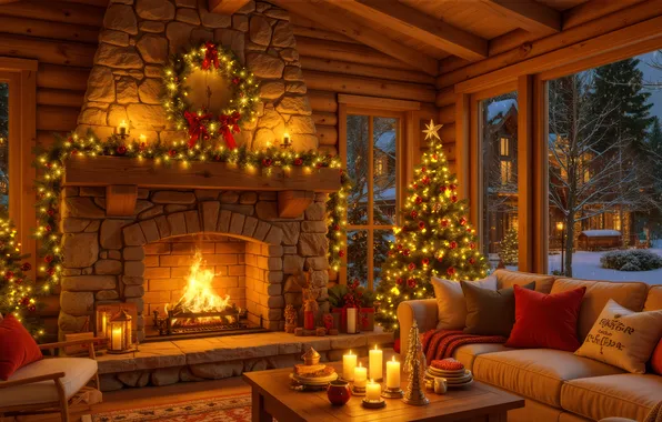 Lights, fire, snow, interior, christmas tree, fireplace, candle