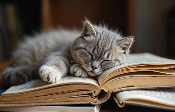 Кошка, поза, котенок, серый, отдых, книги, сон, лапки
