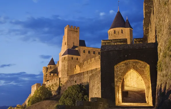 Картинка город, Франция, крепость, France, средневековый, Porte d'Aude, ЮНЕСКО, La Cite