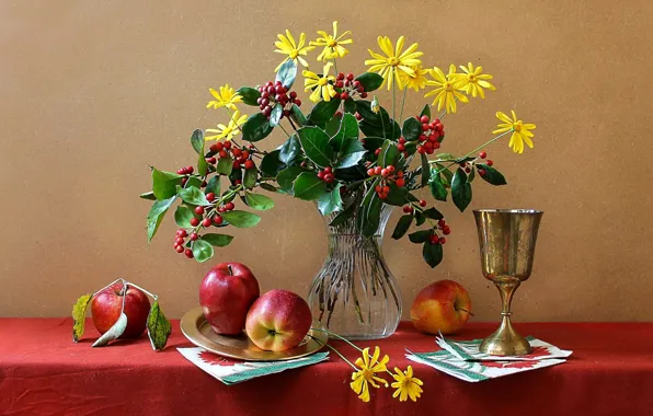 Картинка цветы, яблоки, ваза, фрукты, натюрморт, кубок