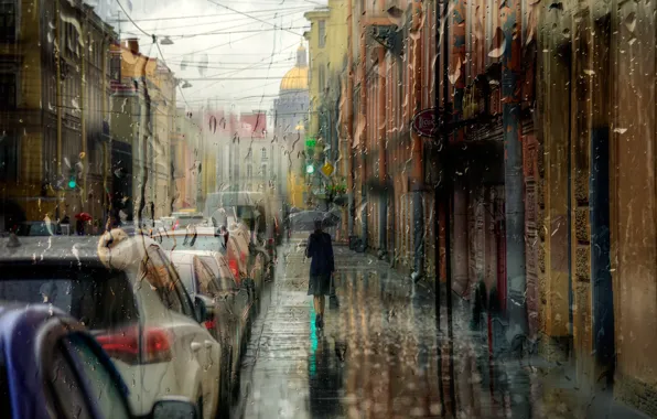 Девушка, капли, дождь, зонт, Санкт-Петербург, сентябрь