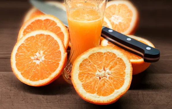Апельсины, сок, нож