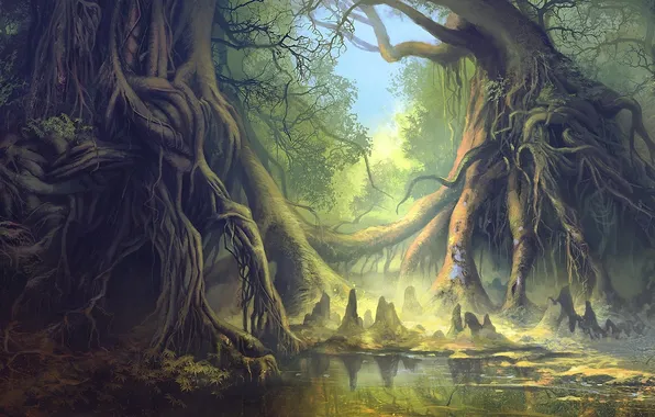 Картинка лес, корни, озеро, пруд, арт, фантастический мир, гигантские