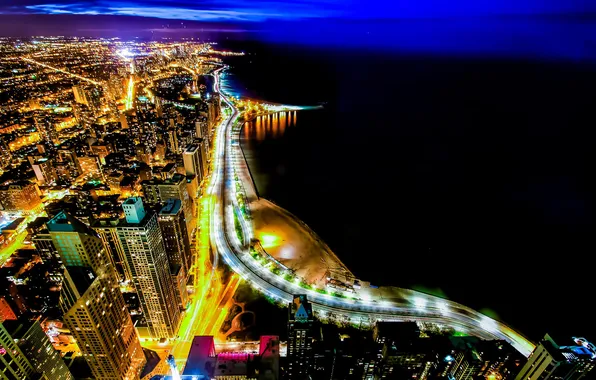 Картинка ночь, город, огни, река, небоскребы, Чикаго, chicago, Иллиноис