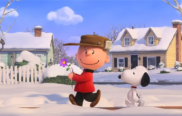 Картинка puppy, dog, snow, tree, boy, cartoon, fence, houses