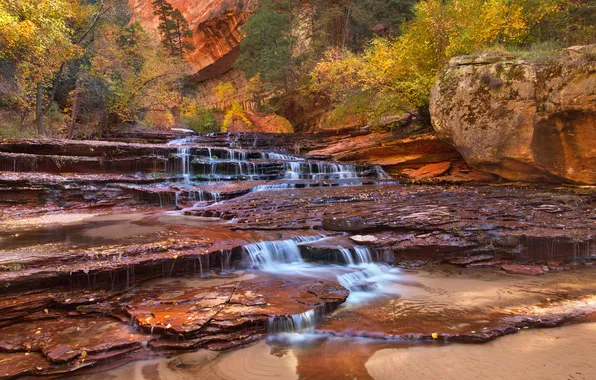 Картинка деревья, горы, ручей, скалы, водопад, Юта, США, Zion National Par