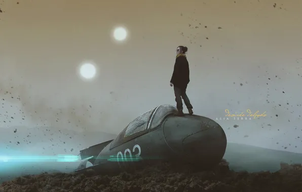 Небо, Девушка, Звезды, Грязь, Кабина, Арт, Фантастика, Concept Art