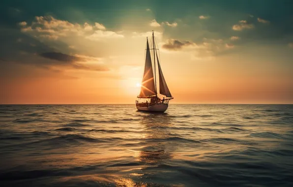 Картинка море, закат, парусник, sea, sunset, yacht, sailing, generated by artificial intelligence
