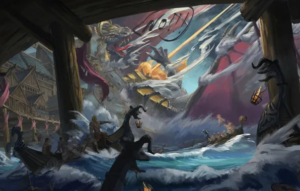 Вода, Рисунок, Дракон, Бой, Dragon, Арт, Concept Art, Viking