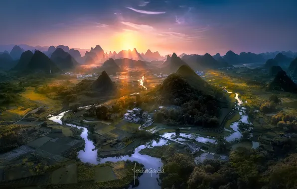 Картинка свет, река, долина, Китай
