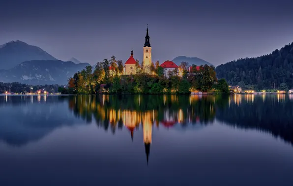 Горы, озеро, отражение, остров, Словения, Lake Bled, Slovenia, Бледское озеро
