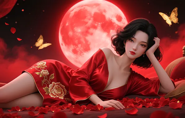 Картинка girl, moon, brunette, asian, butterflies, ai art