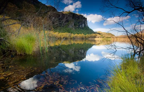 Картинка лето, небо, облака, горы, природа, озеро, отражение, Новая Зеландия