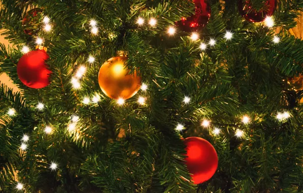 Украшения, огни, фон, елка, новый год, Рождество, Christmas, New Year