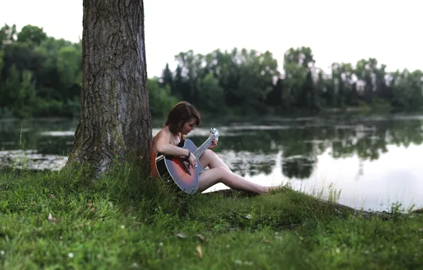 Картинка девушка, озеро, гитара