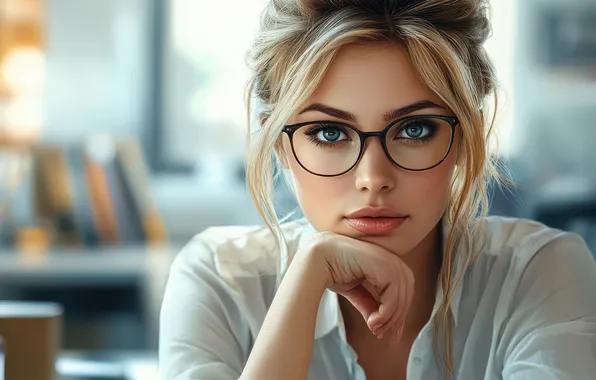 Взгляд, девушка, лицо, портрет, очки, блондинка, офис, белая блузка