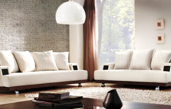 Дизайн, лампы, ковер, интерьер, подушки, белые, диваны, гостиная