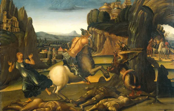 Масло, картина, мифология, 1505, Лука Синьорелли, Luca Signorelli, Святой Георгий и дракон