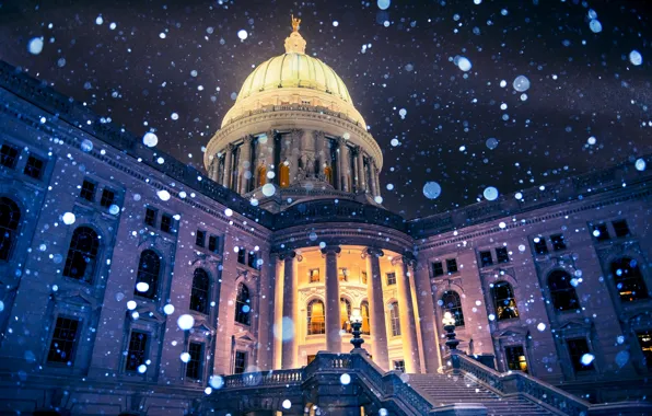 Картинка зима, свет, снежинки, ночь, город, здание, Висконсин, фонари