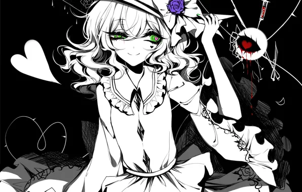 Девушка, глаз, роза, сердечки, Monochrome, Touhou, Koishi Komeiji, Тохо