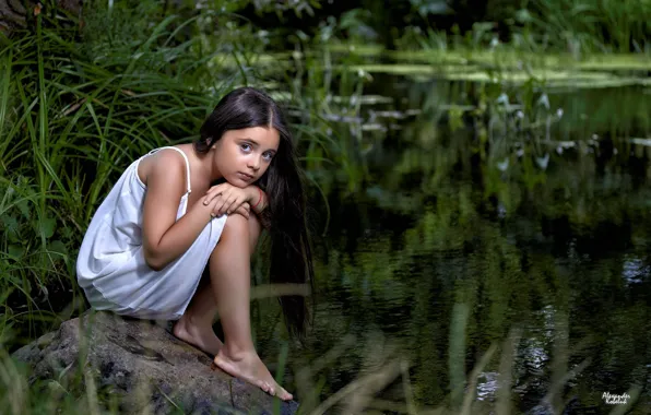 Трава, взгляд, пруд, девочка, girl, grass, look, pond