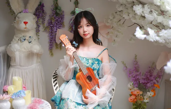 Beautiful, Asian, Model, Flowers, Smile, Woman, Violin, Cute