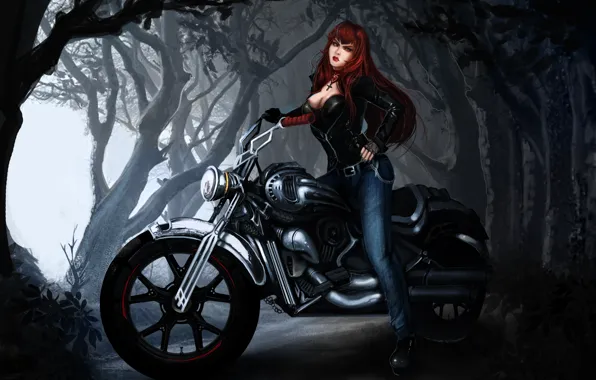 Картинка лес, девушка, деревья, арт, мотоцикл, вампир, рыжая, байк