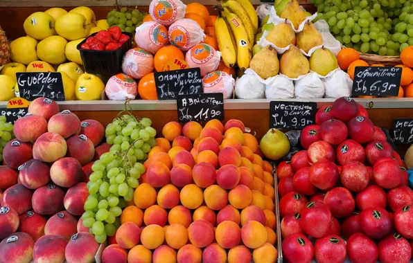 Картинка круглый, яблоки, еда, апельсины, клубника, виноград, бананы, фрукты