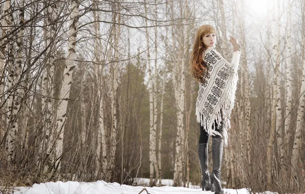 Картинка лес, девушка, снег