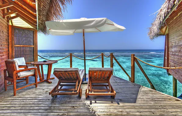 Картинка лето, океан, Мальдивы, курорт, бунгало, шезлонги
