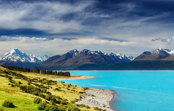 Landscape, New Zealand, Great Lake, Snow Capped Mountains