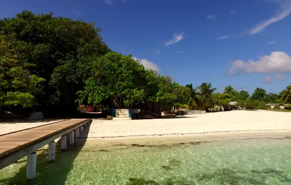 Пляж, океан, остров, причал, Мальдивы, курорт, Maldives, Paradise island