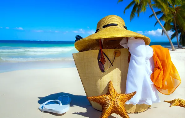 Песок, море, пляж, небо, отдых, отпуск, шляпа, очки
