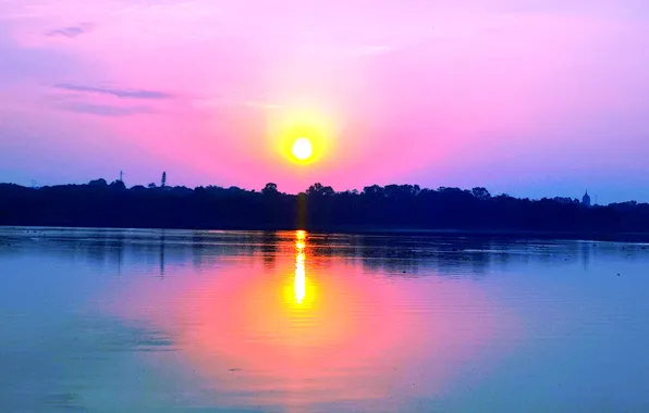 Sky, Sun, Water, Sunrise, Dawn, Morning, Lake, Trees