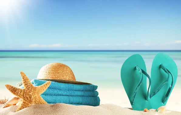 Картинка песок, море, пляж, лето, солнце, отдых, полотенце, шляпа