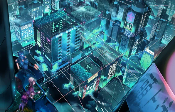 Картинка город, фантастика, робот, аниме, проекция, инженер, кибер