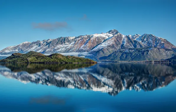 Картинка горы, озеро, отражение, остров