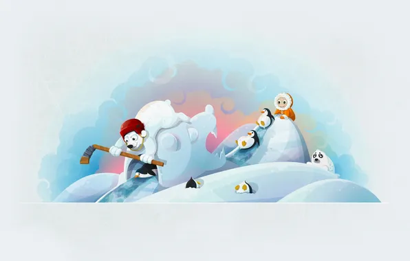 Картинка зима, тюлень, медведь, мишка, пингвин, клюшка, хоккей, ребёнок