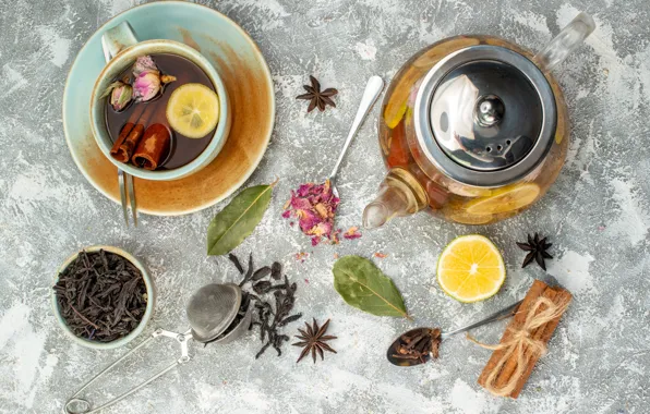 Листья, цветы, стол, чай, чайник, сухие, чаепитие, кружка