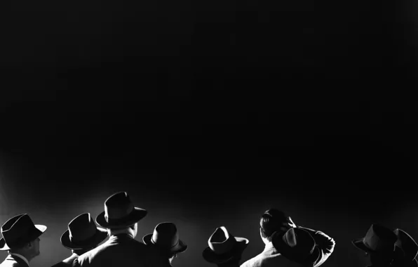 Толпа, нуар, черно-белое фото, 20 век, мужчины в шляпах