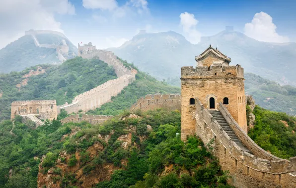 Картинка небо, горы, туман, China, лестница, Китай, mountains, китайская стена