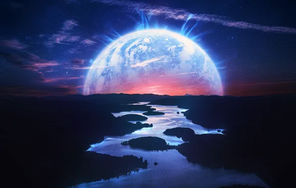 Закат, Река, Планета, Стиль, Пейзаж, Речка, Landscape, Planet
