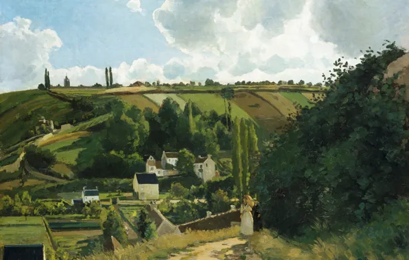 Дорога, пейзаж, холмы, дома, картина, Камиль Писсарро, Jalais Hill. Pontoise