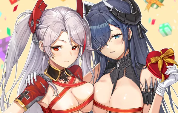 Sexy, long hair, girls, boobs, anime, beautiful, ribbons, red eyes