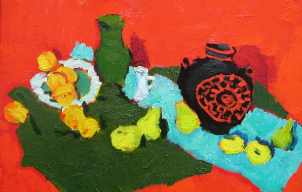 Картинка яблоки, натюрморт, оранжевый фон, груши, 2007, Петяев