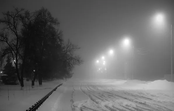 Картинка lights, dark, trees, night, monochrome, snow, path, street light