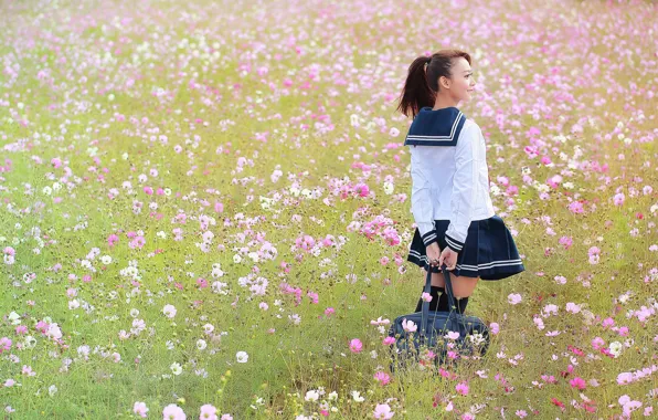 Картинка сумка, лето, поле, девушка, форма, цветы