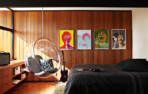 Картинка гитара, кровать, интерьер, кресло, фотографии, спальня, Битлз